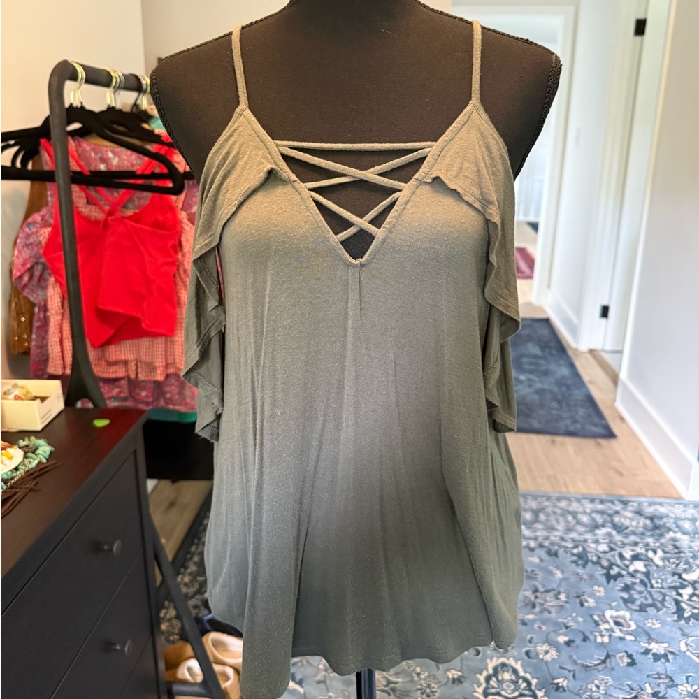 Charlotte Russe Olive Strappy Cold Shoulder Blouse